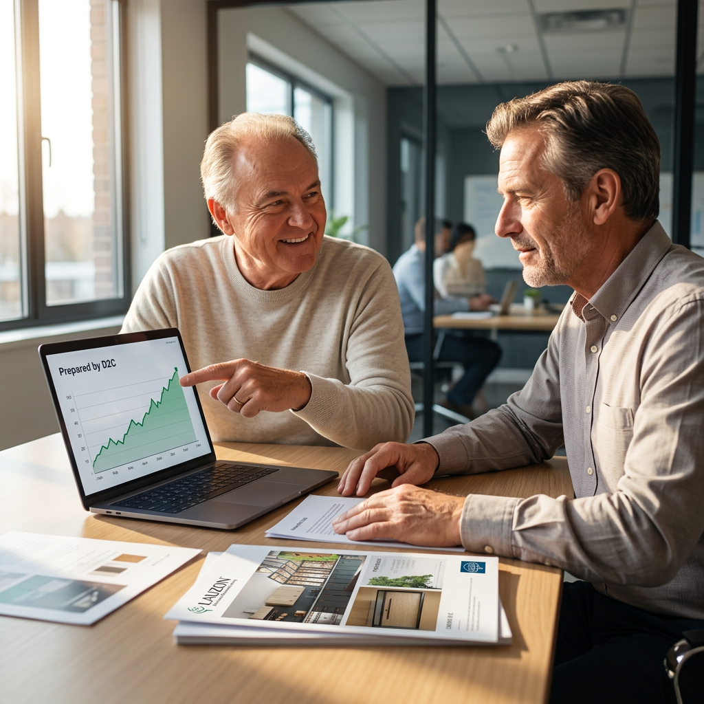 Brand leader reviewing dealer performance data on a laptop displaying the D2C platform